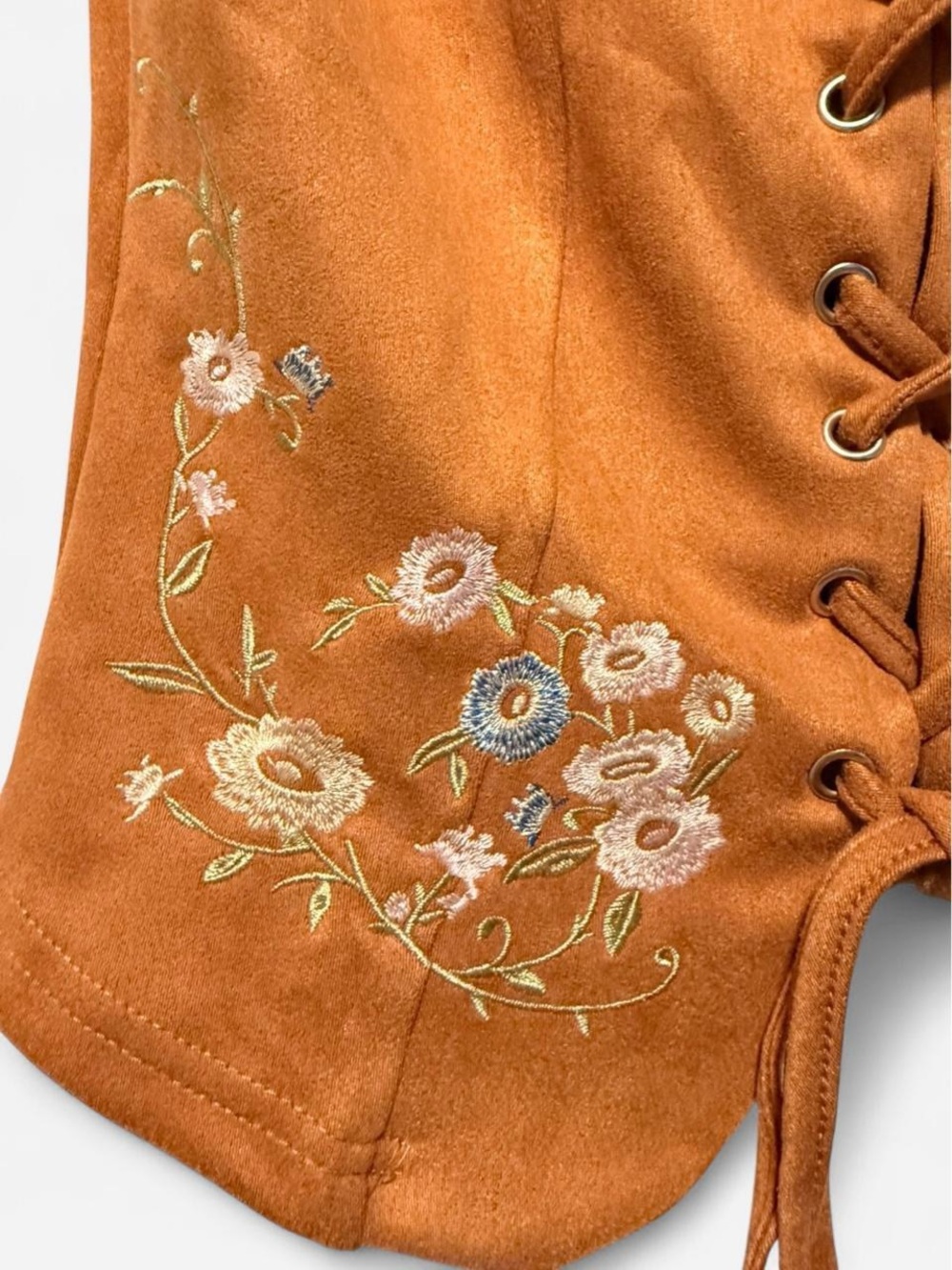 Brown Floral Embroidered Lace-Up Suede-Look Tank Vest Top L - Picture 3 of 3